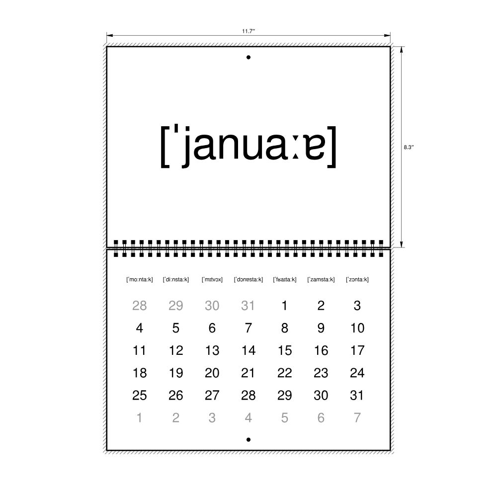 Leskoff 2027 Phonetic Wall Calendar, IPA-Labeled (German), Monday-Start Layout, Wire-Bound, 11.7 x 8.3 in (29.7 x 21.0 cm), image 2 of 2
