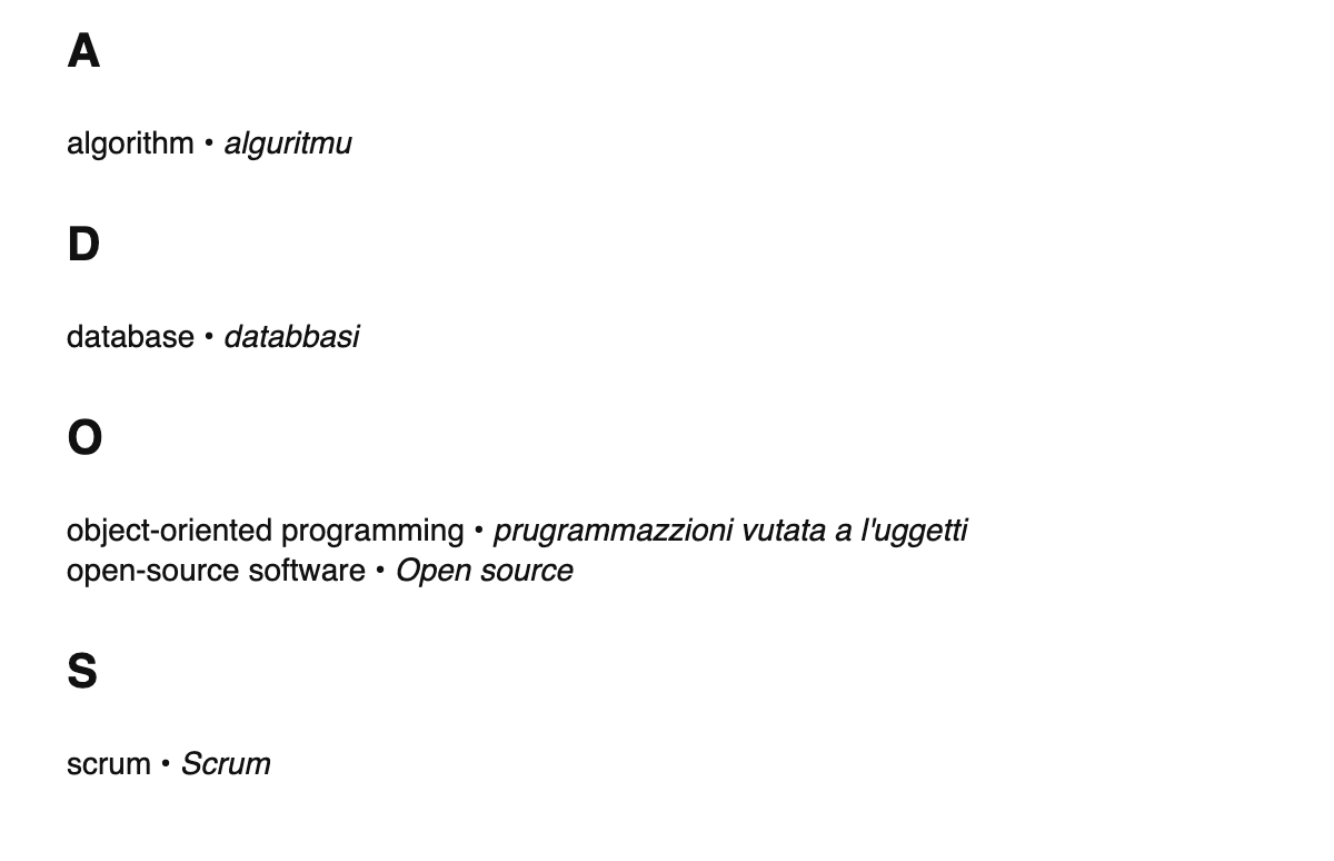 Software engineering terms in Sicilian