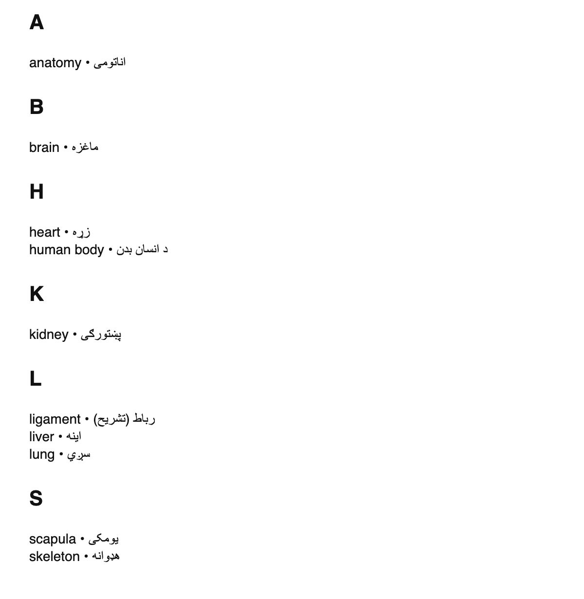 Human anatomy terms in Pashto