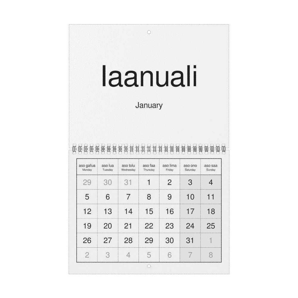 Leskoff 2026 Wall Calendar, Tuvaluan/English-Labeled, Monday-Start Layout, Wire-Bound, 11 x 8.5 in (27.9 x 21.6 cm), image 1 of 1