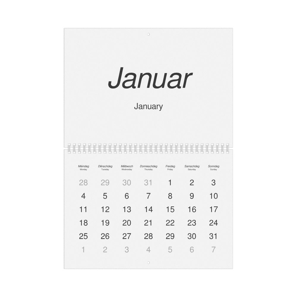 Leskoff 2027 Wall Calendar, Luxembourgish/English-Labeled, Monday-Start Layout, Wire-Bound, 11.7 x 8.3 in (29.7 x 21.0 cm), image 1 of 1