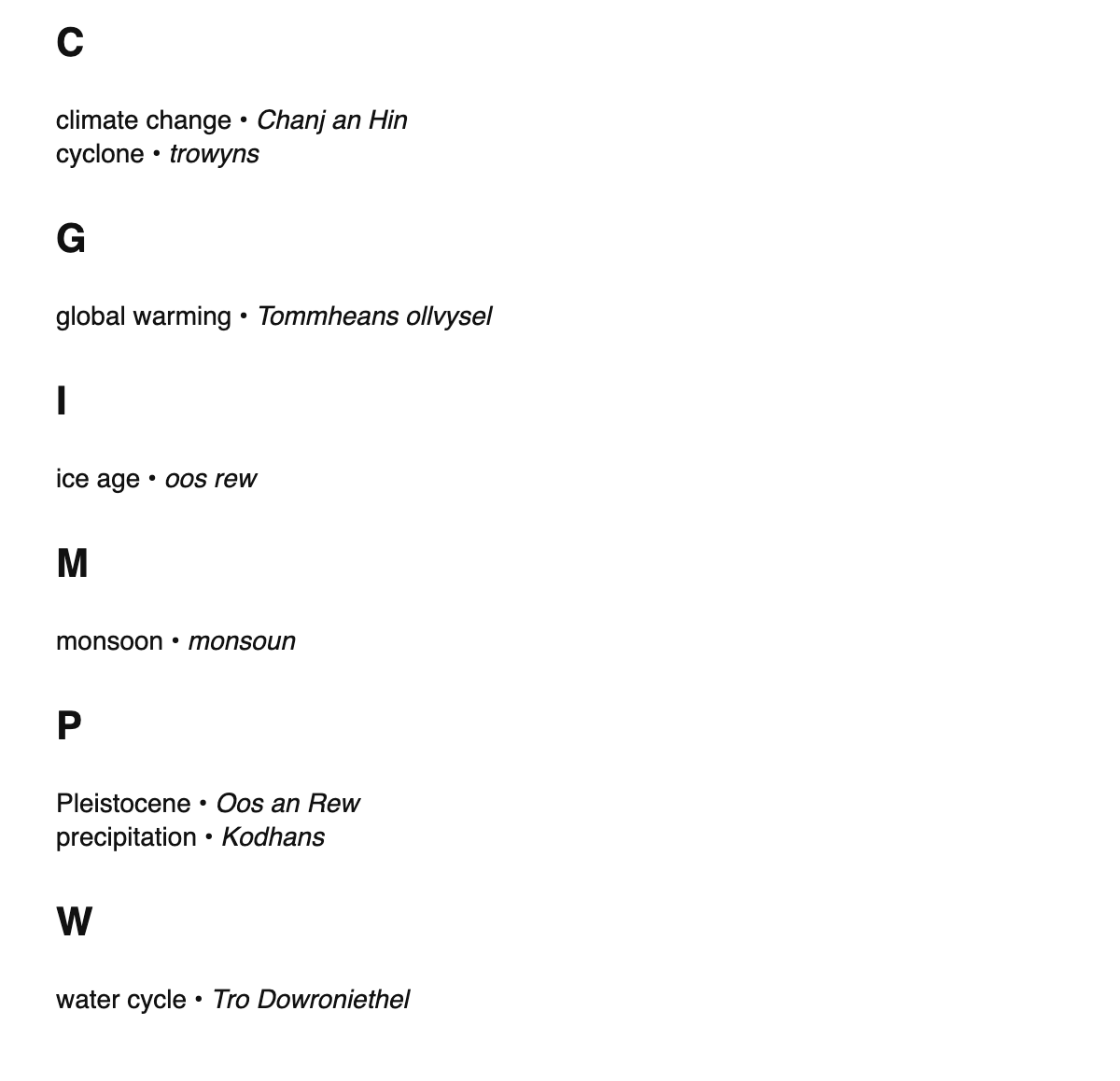 Climatology terms in Cornish