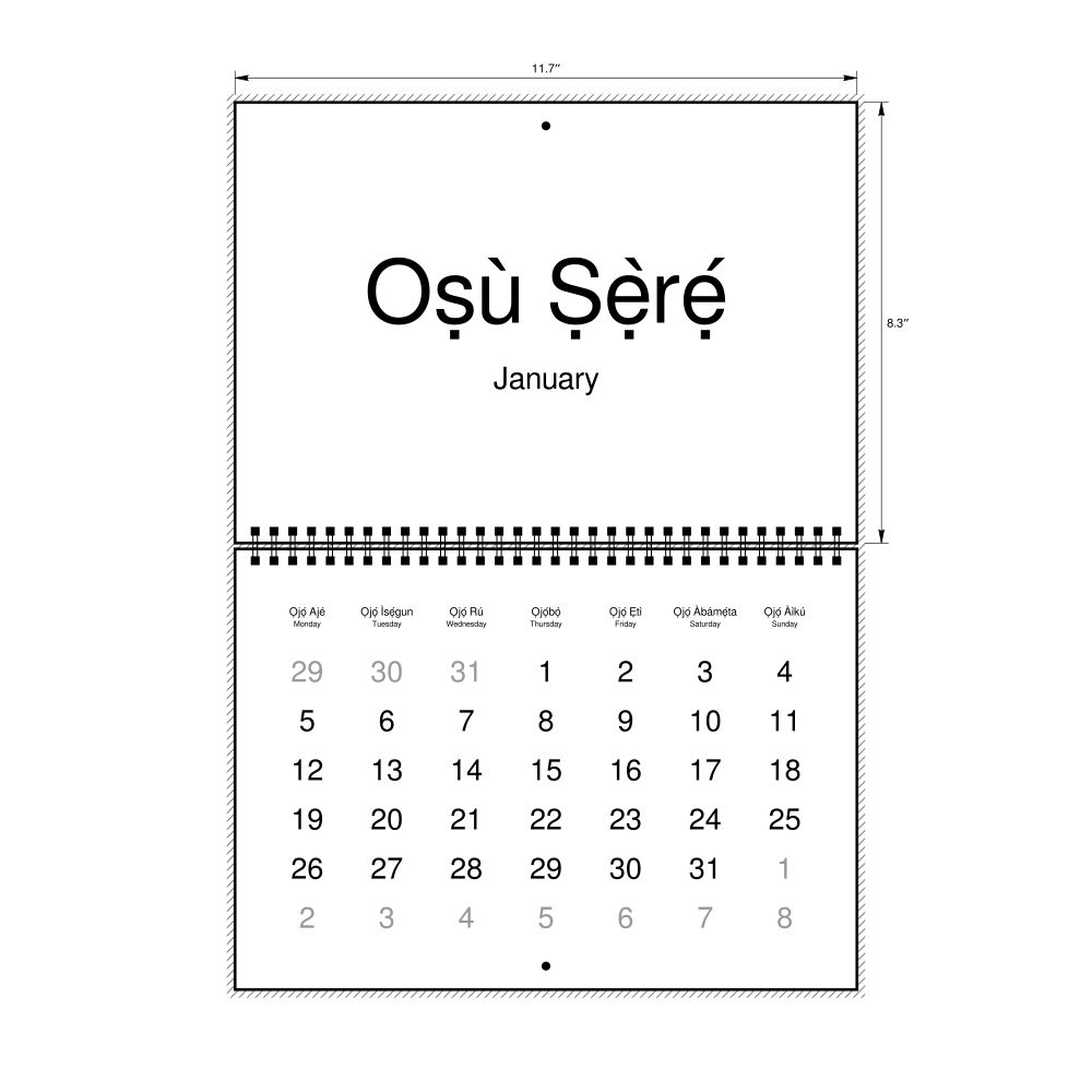 Leskoff 2026 Wall Calendar, Yoruba/English-Labeled, Monday-Start Layout, Wire-Bound, 11.7 x 8.3 in (29.7 x 21.0 cm), image 1 of 1