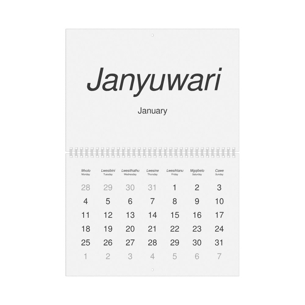 Leskoff 2027 Wall Calendar, Xhosa/English-Labeled, Monday-Start Layout, Wire-Bound, 11.7 x 8.3 in (29.7 x 21.0 cm), image 1 of 1