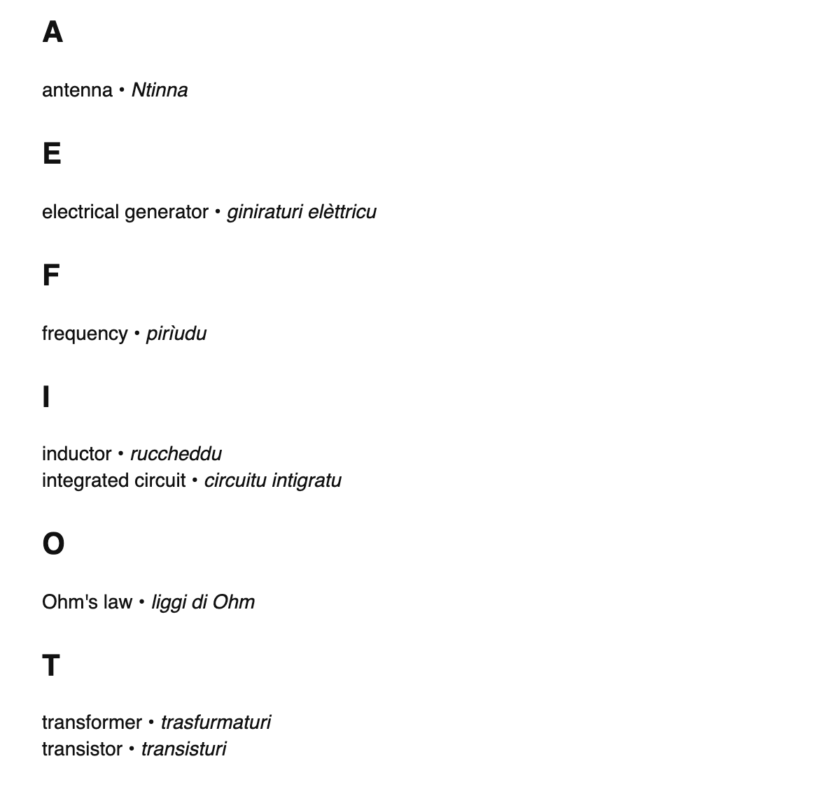 Electrical engineering terms in Sicilian