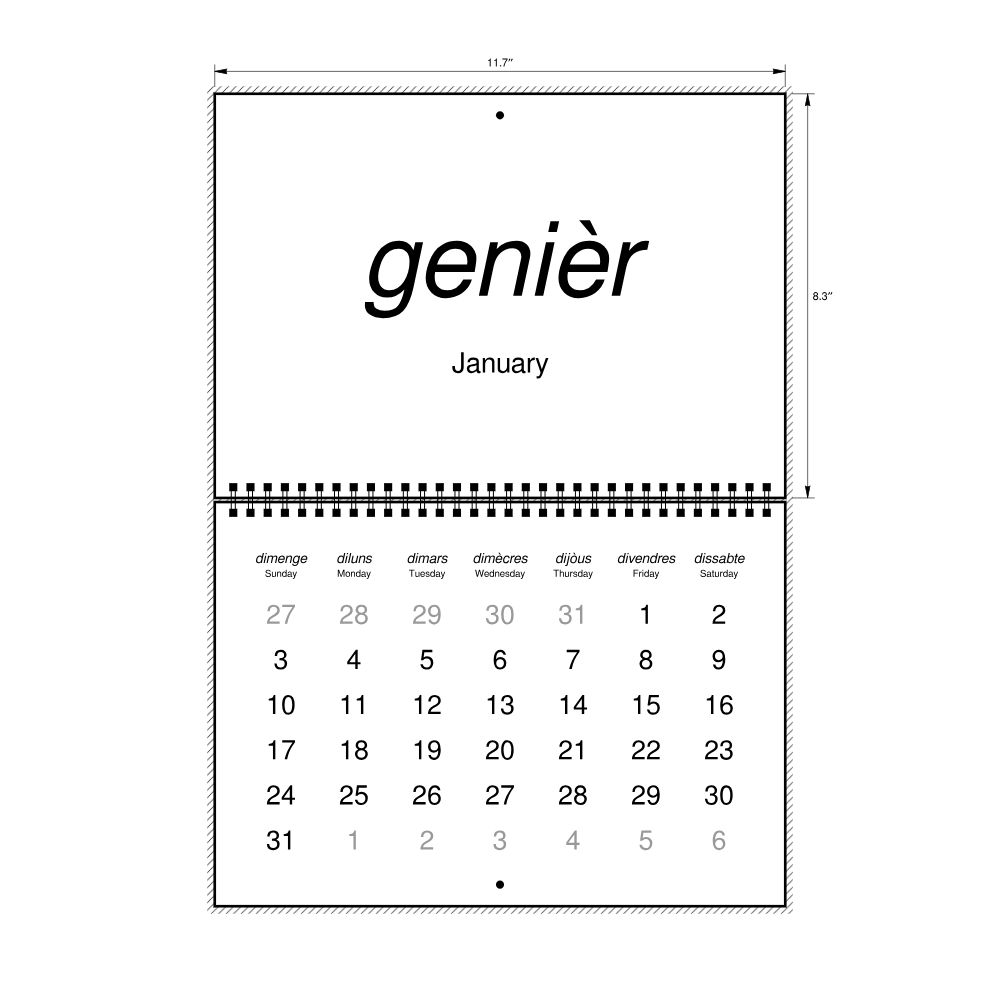 Leskoff 2027 Wall Calendar, Occitan/English-Labeled, Sunday-Start Layout, Wire-Bound, 11.7 x 8.3 in (29.7 x 21.0 cm), image 2 of 2