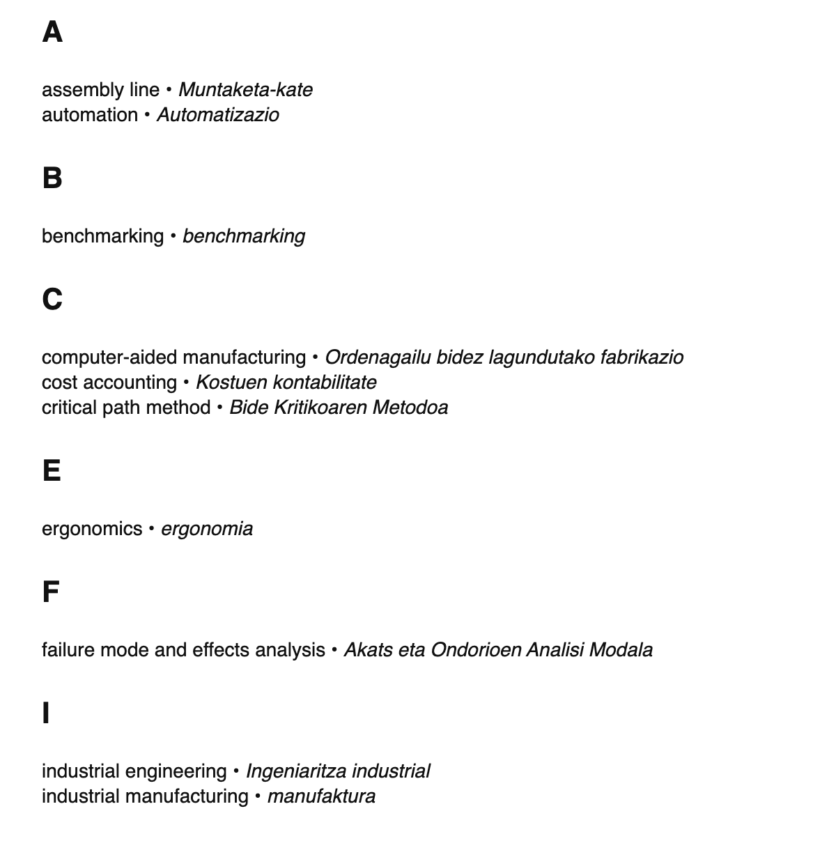 Industrial engineering terms in Basque