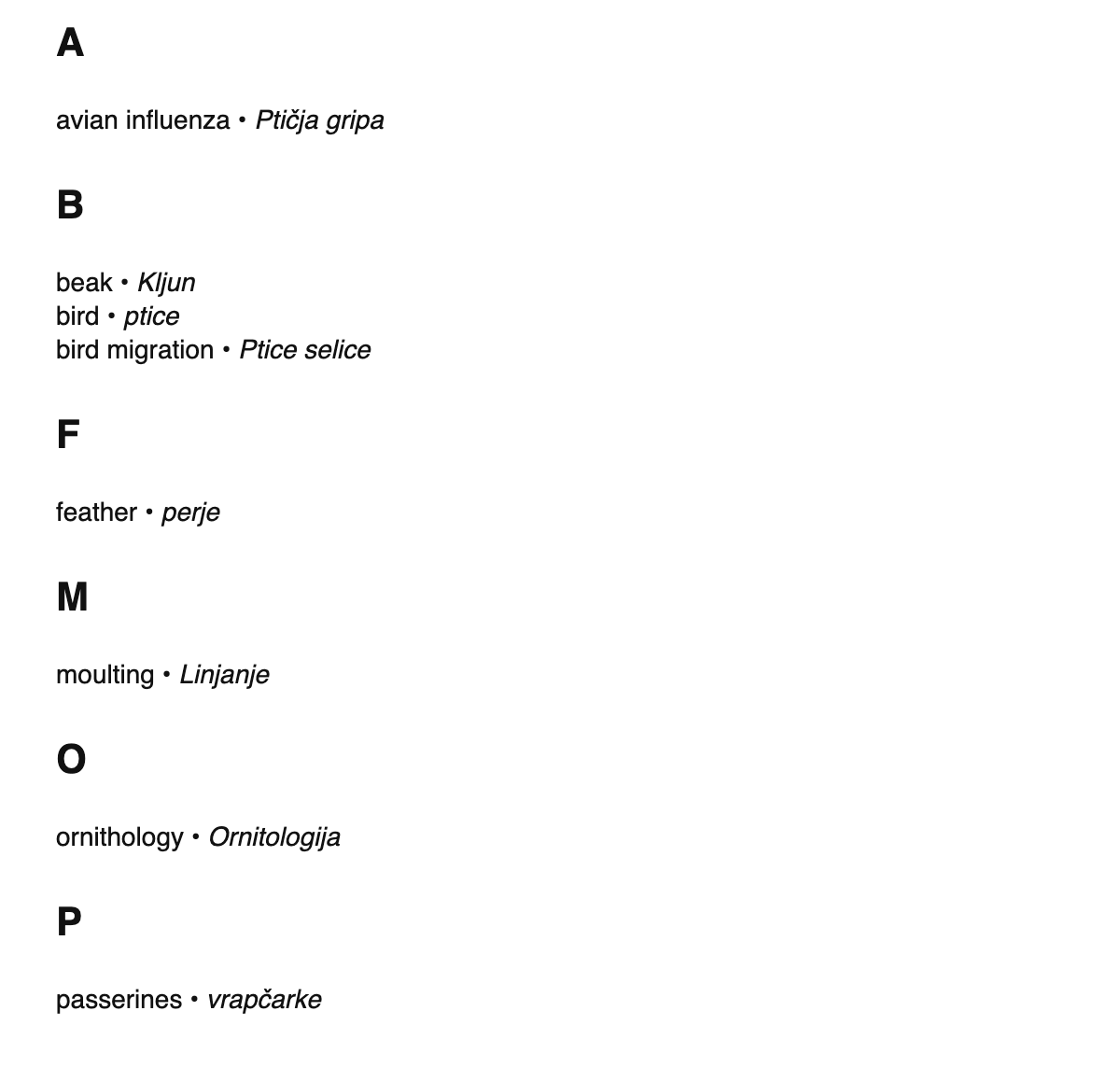Ornithology terms in Bosnian