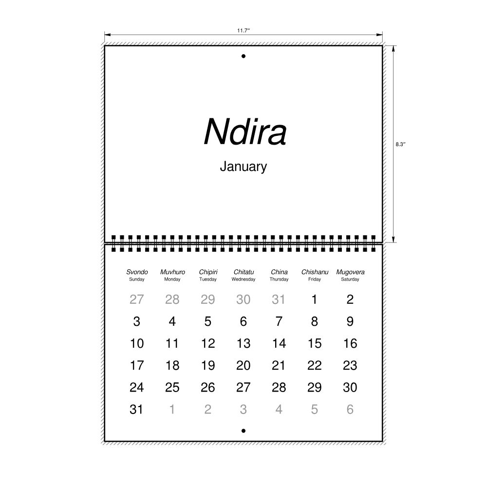 Leskoff 2027 Wall Calendar, Shona/English-Labeled, Sunday-Start Layout, Wire-Bound, 11.7 x 8.3 in (29.7 x 21.0 cm), image 2 of 2