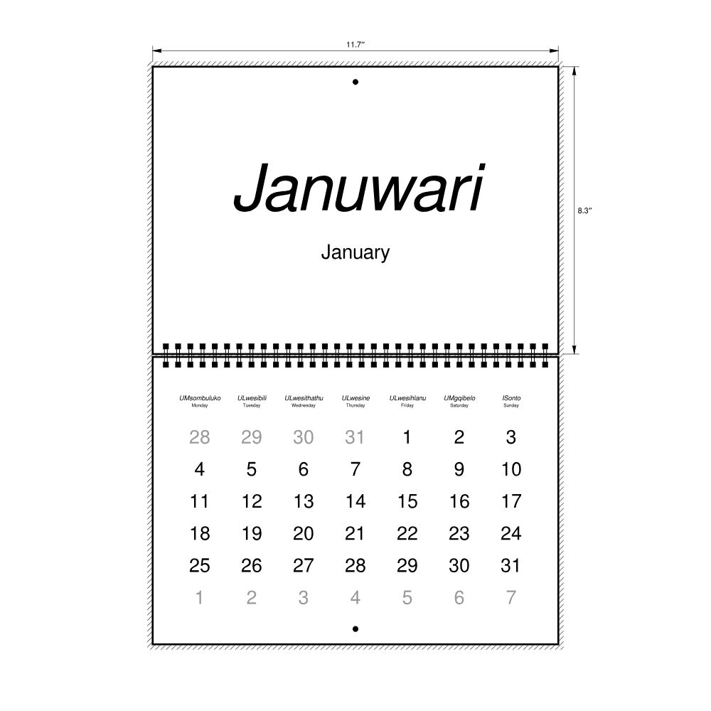 Leskoff 2027 Wall Calendar, Zulu/English-Labeled, Monday-Start Layout, Wire-Bound, 11.7 x 8.3 in (29.7 x 21.0 cm), image 2 of 2