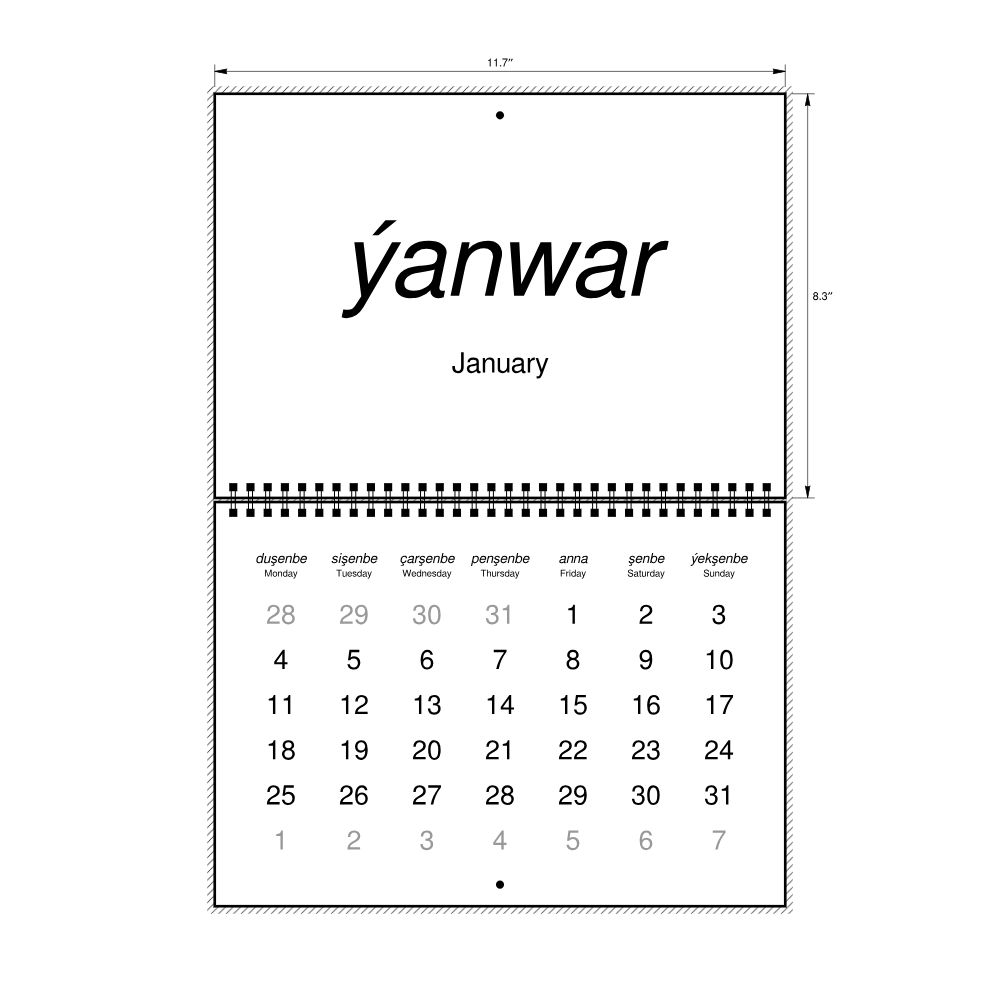 Leskoff 2027 Wall Calendar, Turkmen/English-Labeled, Monday-Start Layout, Wire-Bound, 11.7 x 8.3 in (29.7 x 21.0 cm), image 2 of 2