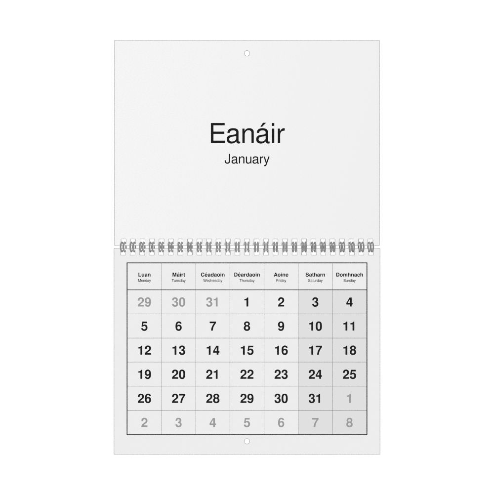 Leskoff 2026 Wall Calendar, Irish/English-Labeled, Monday-Start Layout, Wire-Bound, 11 x 8.5 in (27.9 x 21.6 cm), image 1 of 1