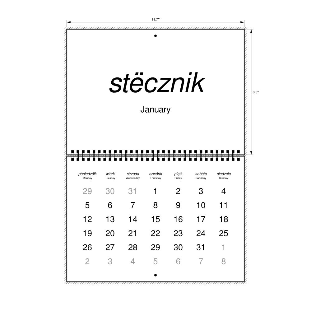 Leskoff 2026 Wall Calendar, Kashubian/English-Labeled, Monday-Start Layout, Wire-Bound, 11.7 x 8.3 in (29.7 x 21.0 cm), image 2 of 2