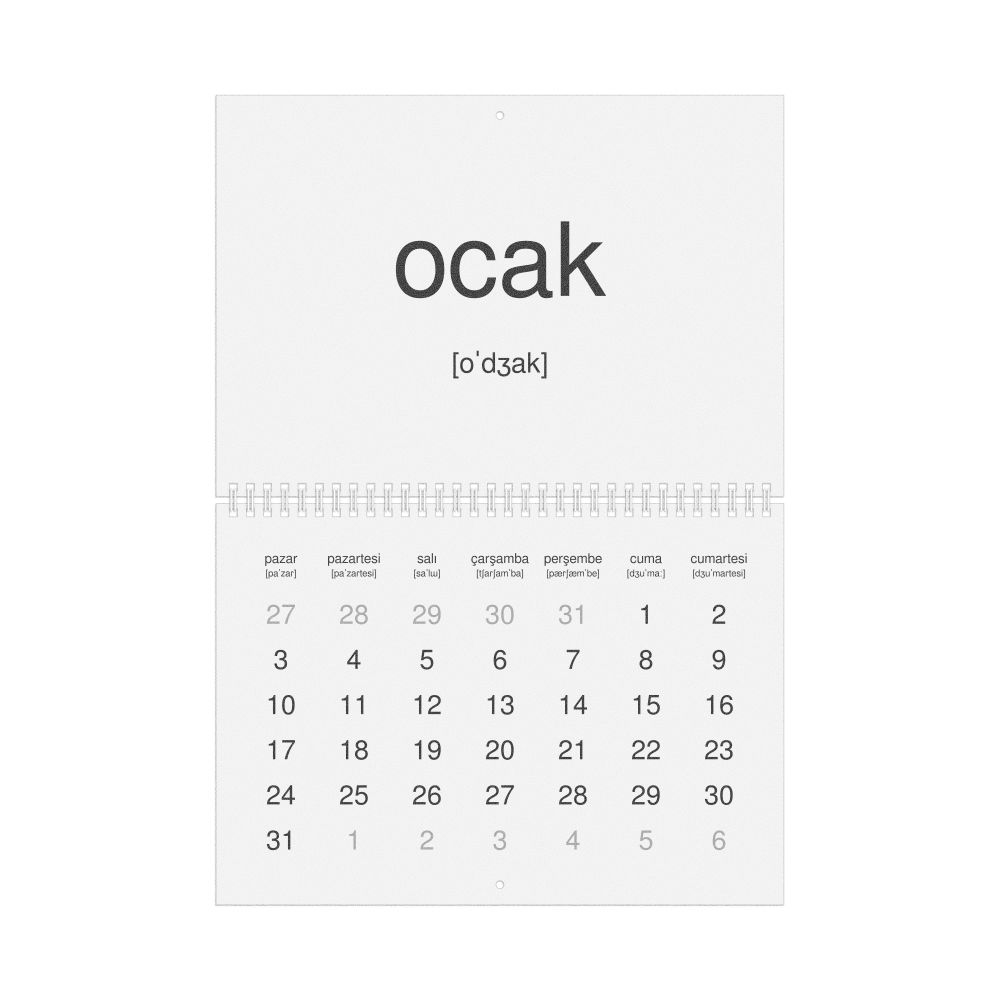Leskoff 2027 Phonetic Wall Calendar, Turkish-Labeled with IPA, Sunday-Start Layout, Wire-Bound, 11.7 x 8.3 in (29.7 x 21.0 cm), image 1 of 1