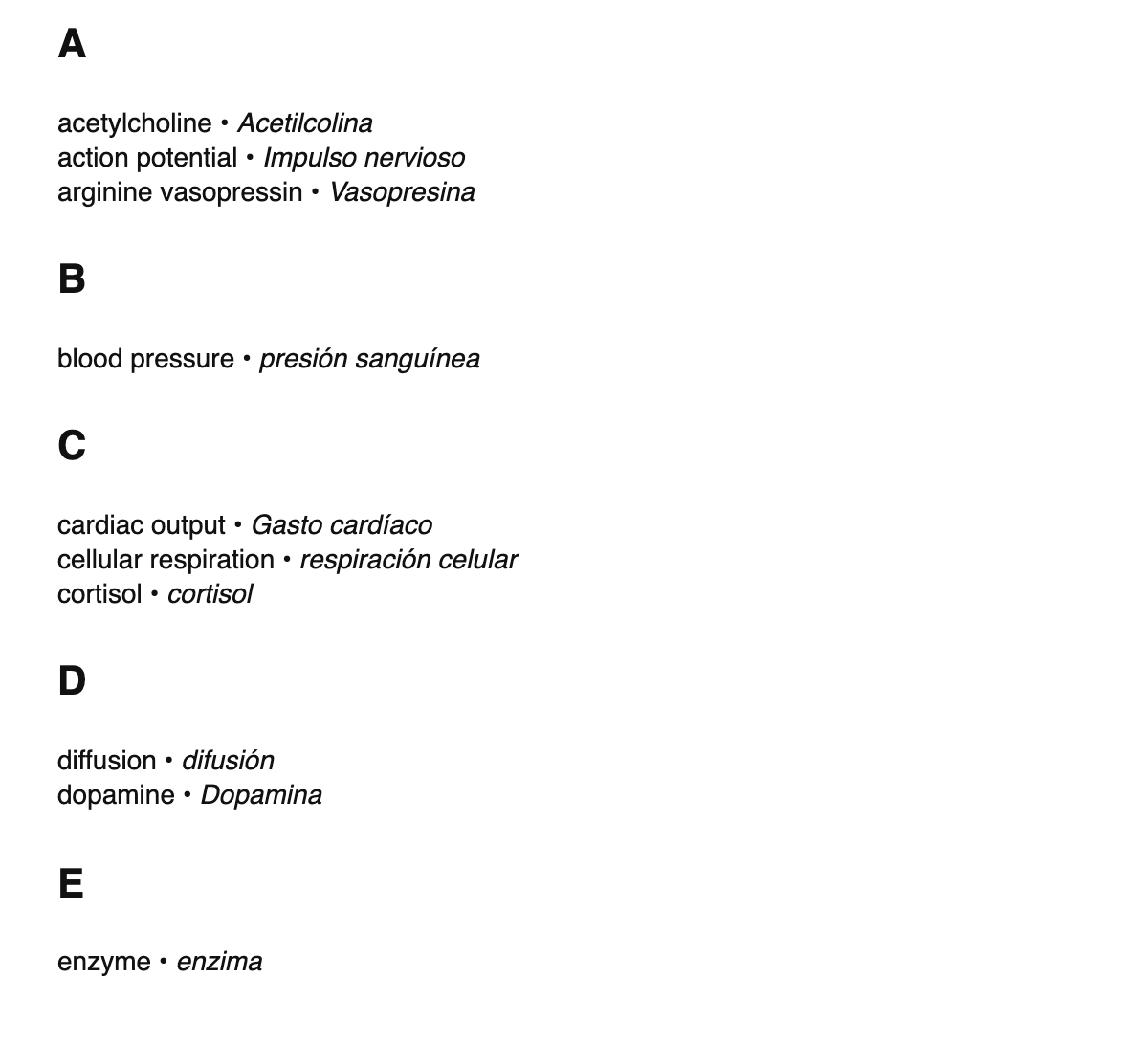 Physiology terms in Galician