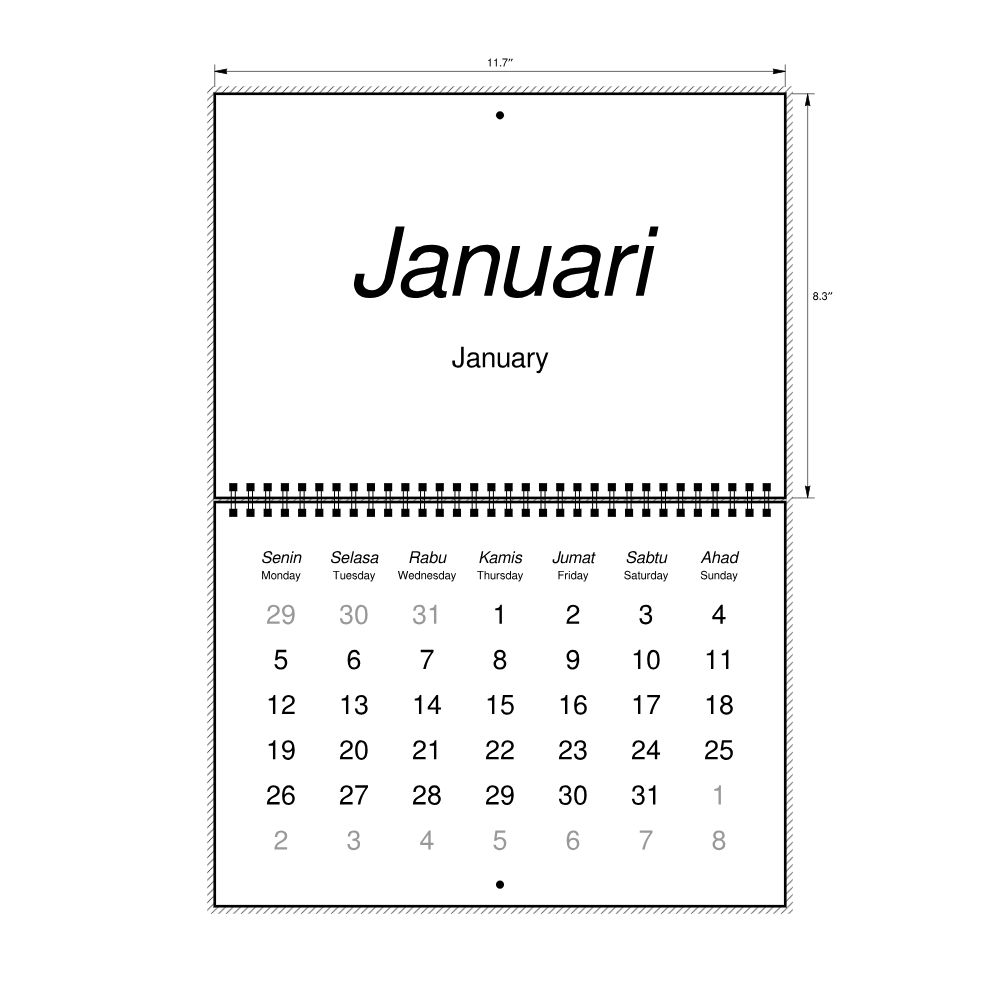 Leskoff 2026 Wall Calendar, Javanese/English-Labeled, Monday-Start Layout, Wire-Bound, 11.7 x 8.3 in (29.7 x 21.0 cm), image 2 of 2