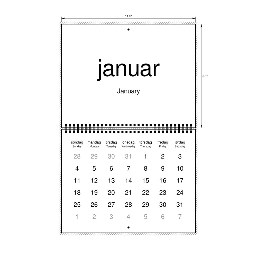Leskoff 2026 Wall Calendar, Danish/English-Labeled, Sunday-Start Layout, Wire-Bound, 11 x 8.5 in (27.9 x 21.6 cm), image 1 of 1