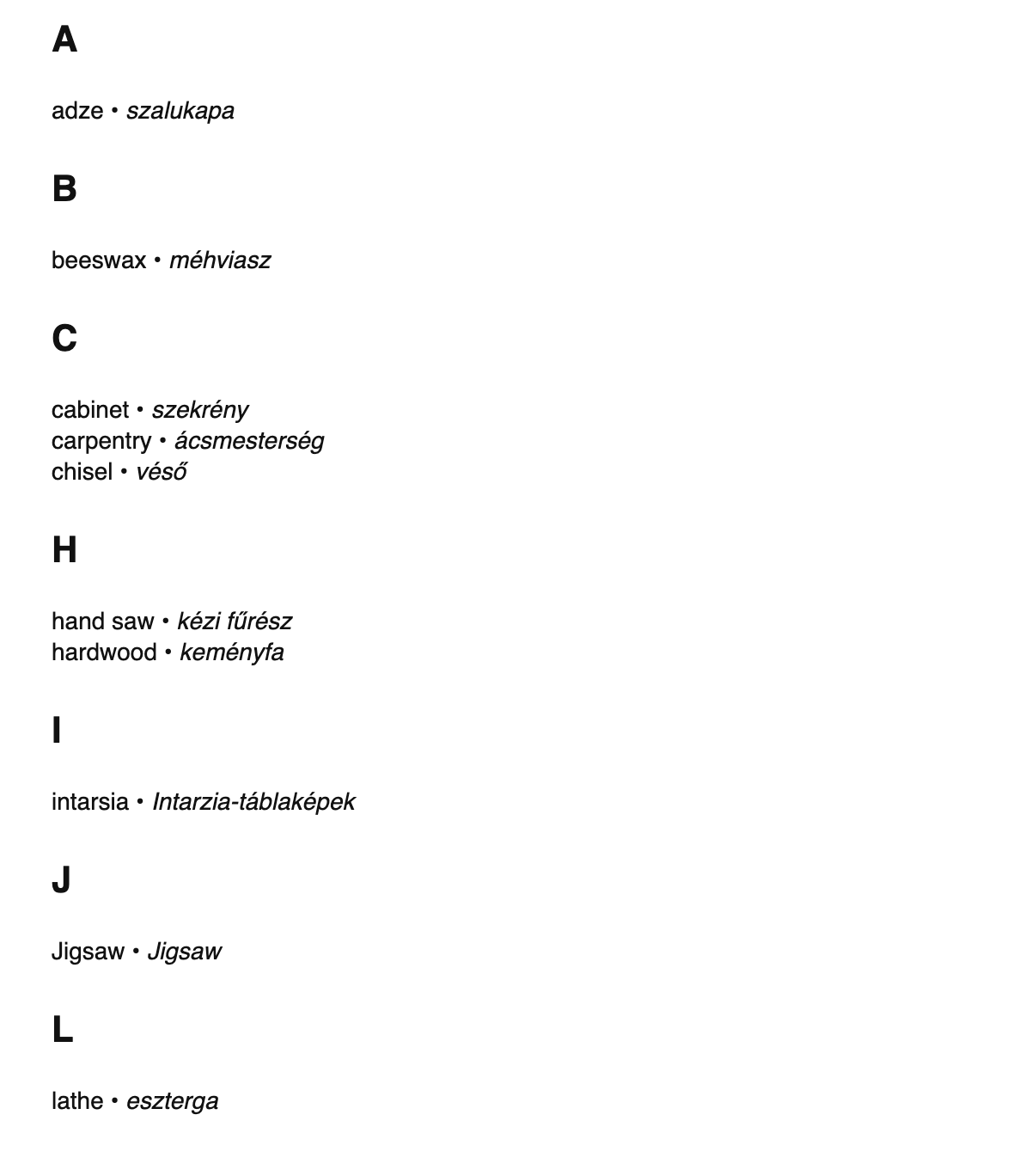 Woodworking terms in Hungarian