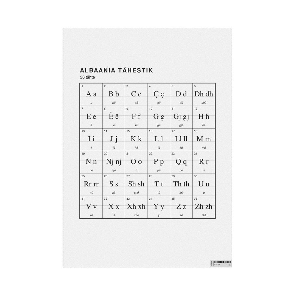 Leskoff Albanian Alphabet Chart, 23.4 x 33.1 in (59.4 x 84.1 cm, Poster / Wall Chart), Estonian-Labeled, image 1 of 2
