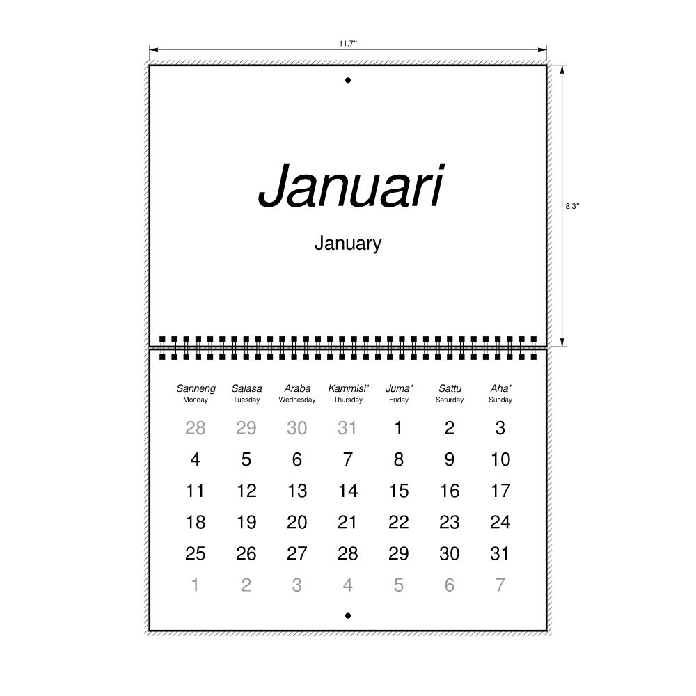 Leskoff 2027 Wall Calendar, Makassarese/English-Labeled, Monday-Start Layout, Wire-Bound, 11.7 x 8.3 in (29.7 x 21.0 cm), image 2 of 2