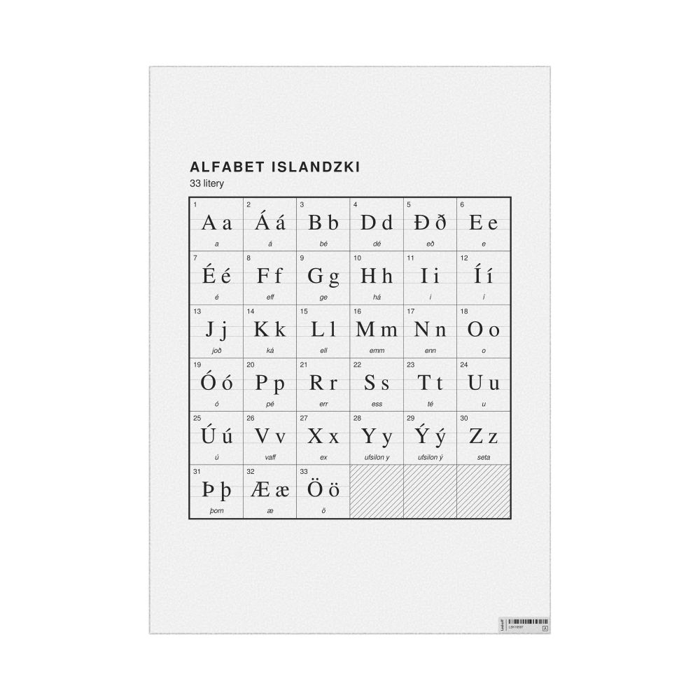Leskoff Icelandic Alphabet Chart, 23.4 x 33.1 in (59.4 x 84.1 cm, Poster / Wall Chart), Polish-Labeled, image 1 of 2