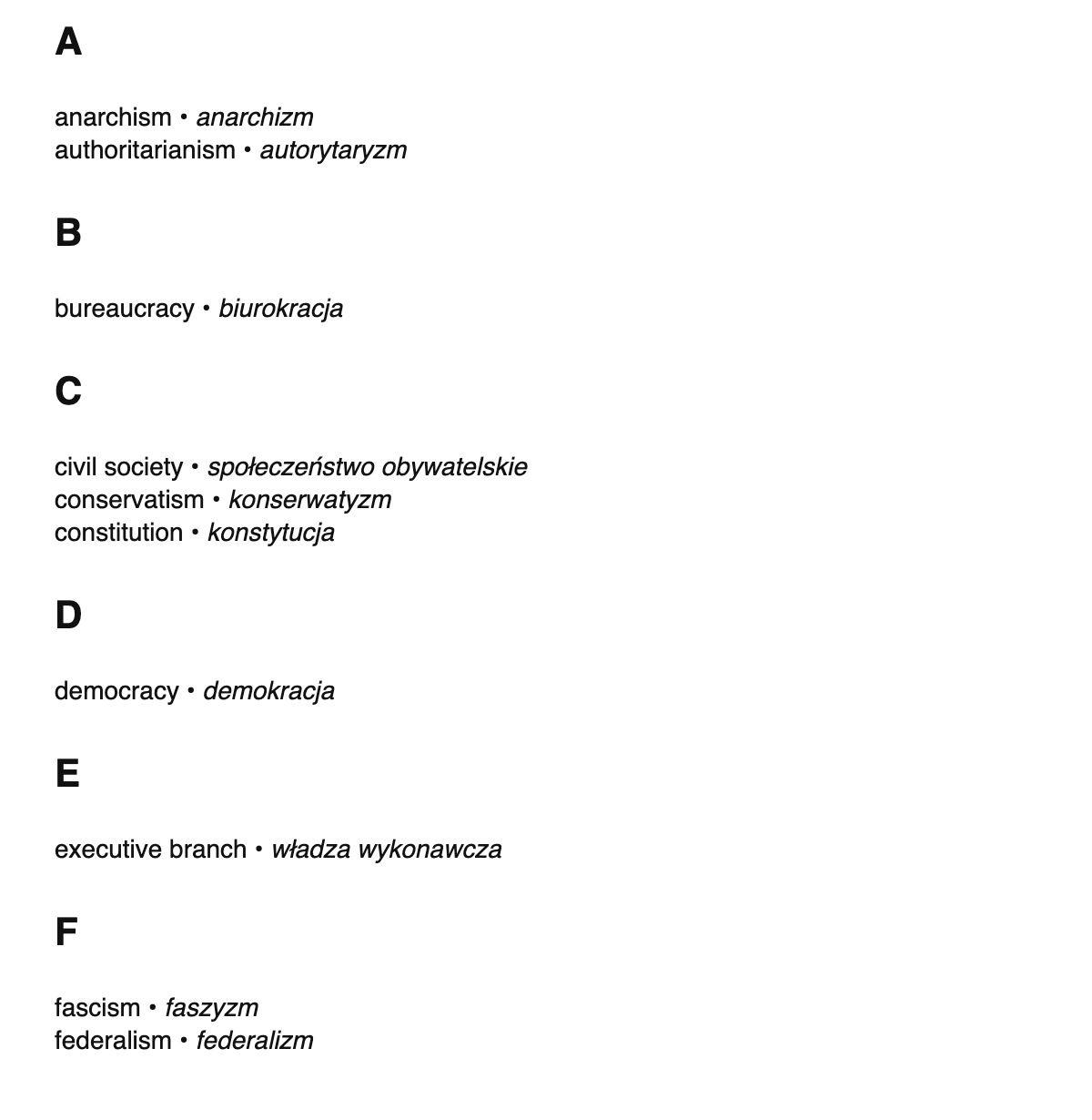 Political science terms in Polish