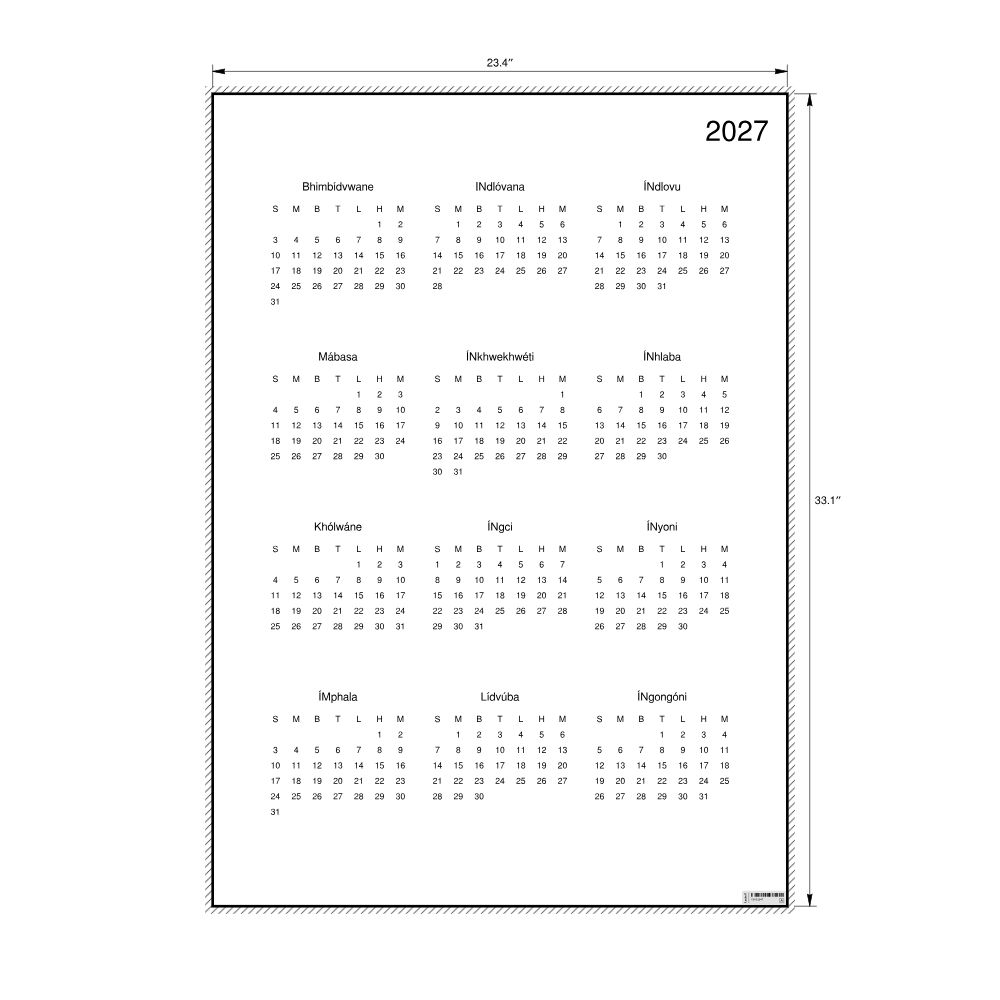 Leskoff 2027 Wall Calendar, Swazi-Labeled, Sunday-Start Layout, Poster / Wall Print, 23.4 x 33.1 in (59.4 x 84.1 cm), image 2 of 2
