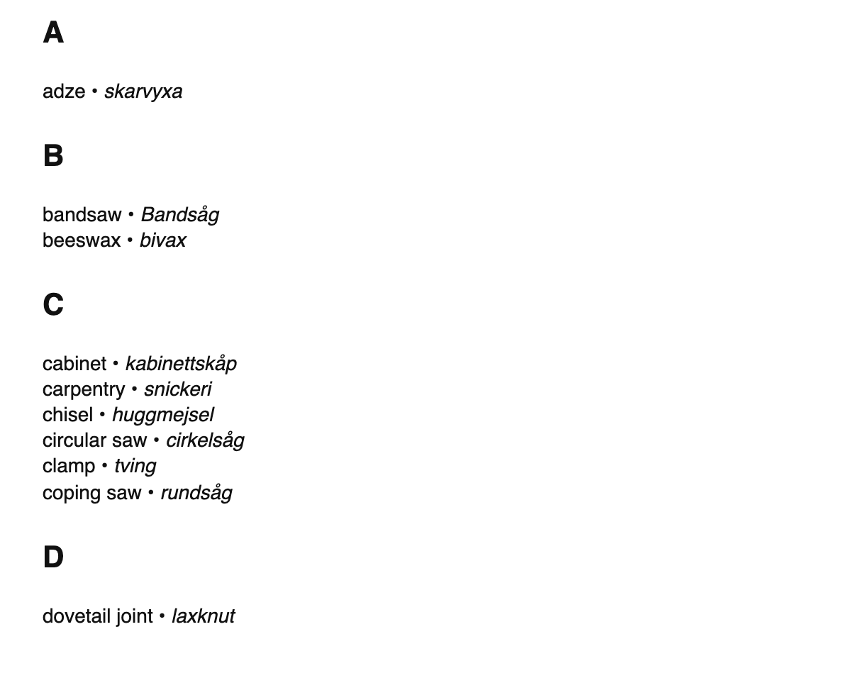 Woodworking terms in Swedish