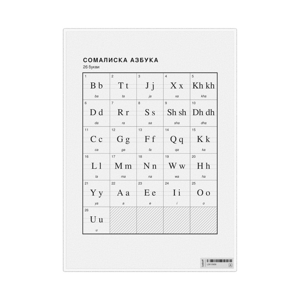 Leskoff Somali Alphabet Chart, 8.3 x 11.7 in (21.0 x 29.7 cm, Desk Chart, Laminated), Macedonian-Labeled, image 1 of 2
