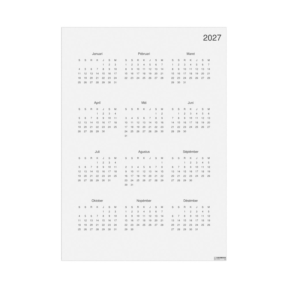 Leskoff 2027 Wall Calendar, Sundanese-Labeled, Monday-Start Layout, Poster / Wall Print, 23.4 x 33.1 in (59.4 x 84.1 cm), image 1 of 1