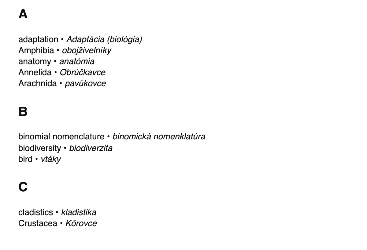 Zoology terms in Slovak