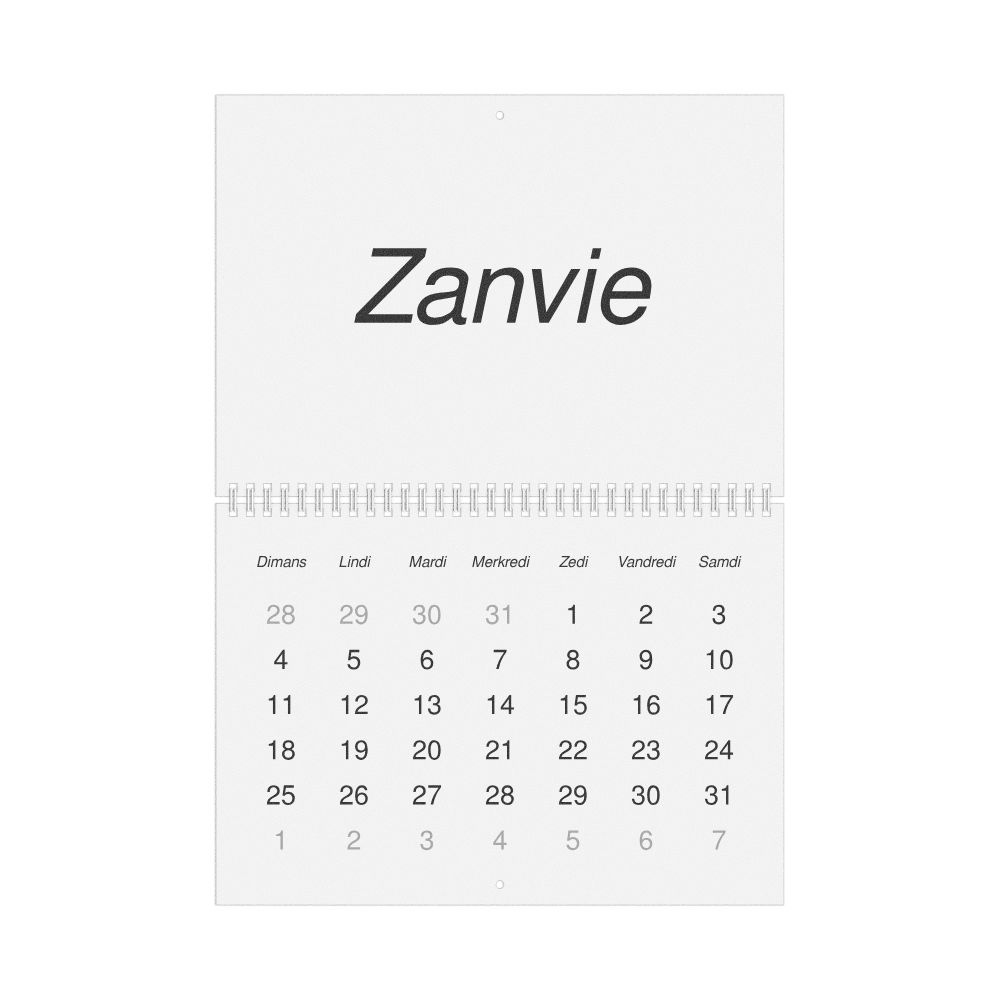 Leskoff 2026 Wall Calendar, Mauritian Creole-Labeled, Sunday-Start Layout, Wire-Bound, 11.7 x 8.3 in (29.7 x 21.0 cm), image 1 of 1