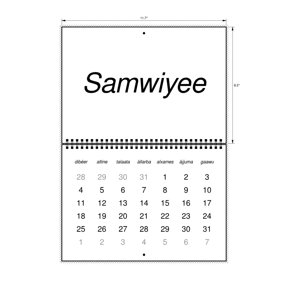 Leskoff 2026 Wall Calendar, Wolof-Labeled, Sunday-Start Layout, Wire-Bound, 11.7 x 8.3 in (29.7 x 21.0 cm), image 2 of 2