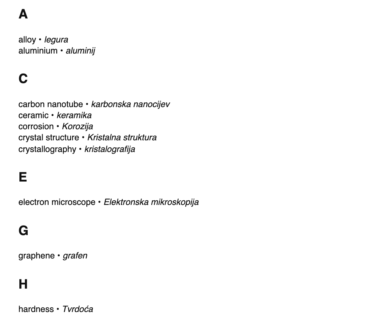 Materials science terms in Bosnian
