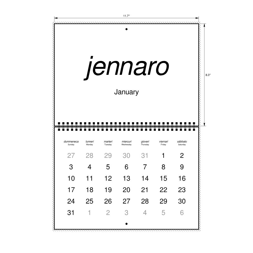 Leskoff 2027 Wall Calendar, Neapolitan/English-Labeled, Sunday-Start Layout, Wire-Bound, 11.7 x 8.3 in (29.7 x 21.0 cm), image 2 of 2