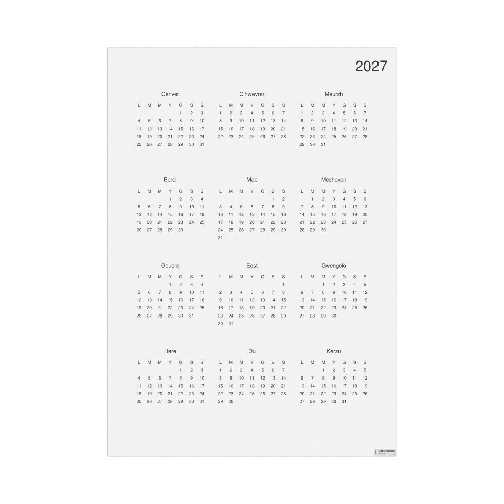 Leskoff 2027 Wall Calendar, Breton-Labeled, Monday-Start Layout, Poster / Wall Print, 23.4 x 33.1 in (59.4 x 84.1 cm), image 1 of 1