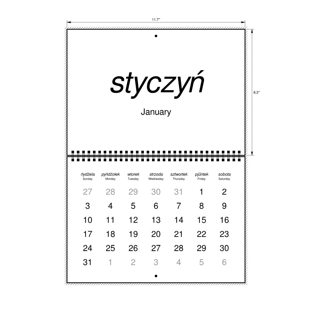 Leskoff 2027 Wall Calendar, Silesian/English-Labeled, Sunday-Start Layout, Wire-Bound, 11.7 x 8.3 in (29.7 x 21.0 cm), image 2 of 2