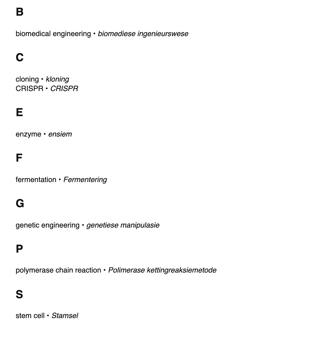 Bioengineering terms in Afrikaans