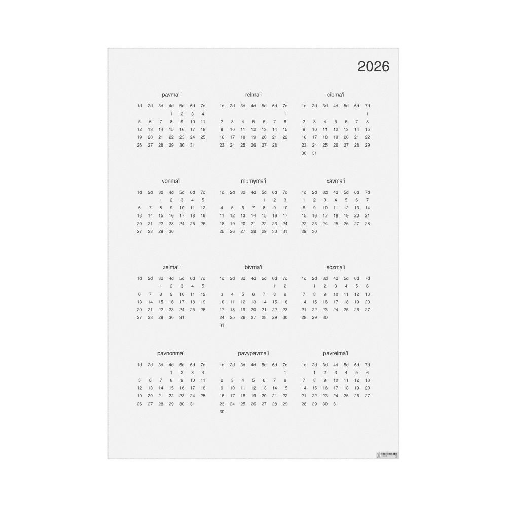 Leskoff 2026 Wall Calendar, Lojban-Labeled, Monday-Start Layout, Poster / Wall Print, 23.4 x 33.1 in (59.4 x 84.1 cm), image 1 of 1