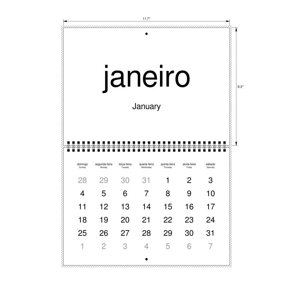Leskoff 2026 Wall Calendar, Portuguese/English-Labeled, Sunday-Start Layout, Wire-Bound, 11.7 x 8.3 in (29.7 x 21.0 cm), image 2 of 2