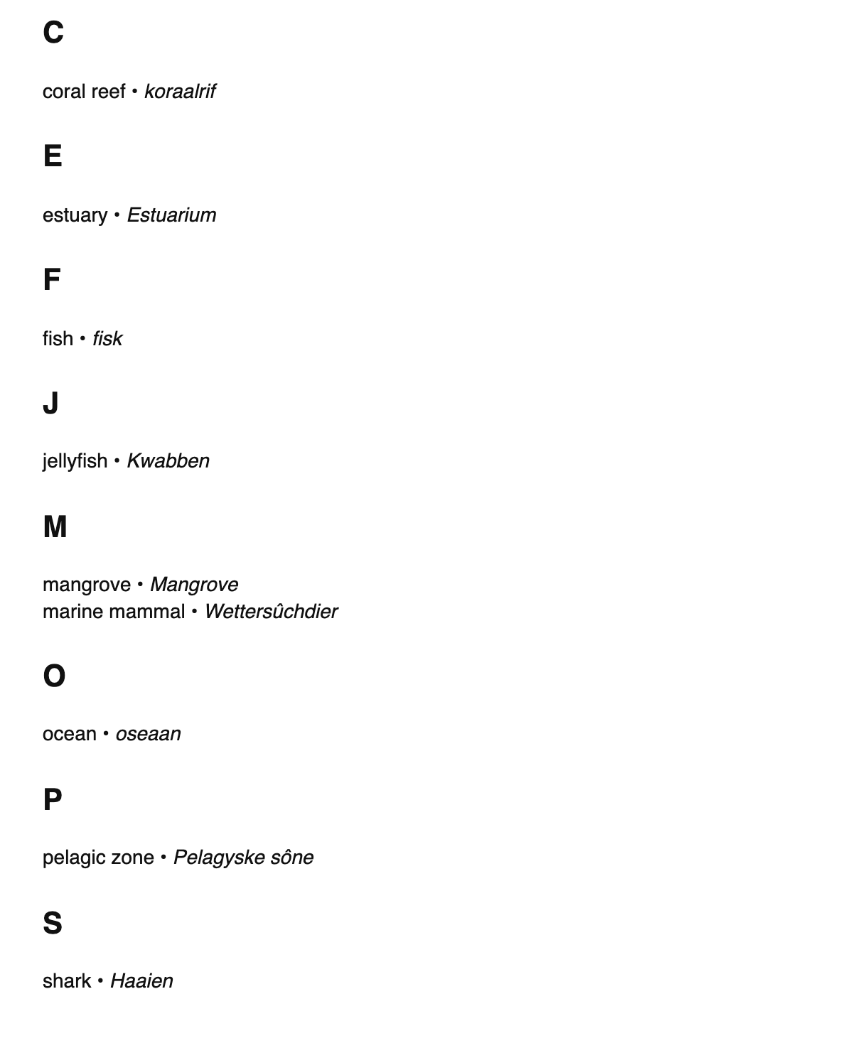 Marine biology terms in West Frisian