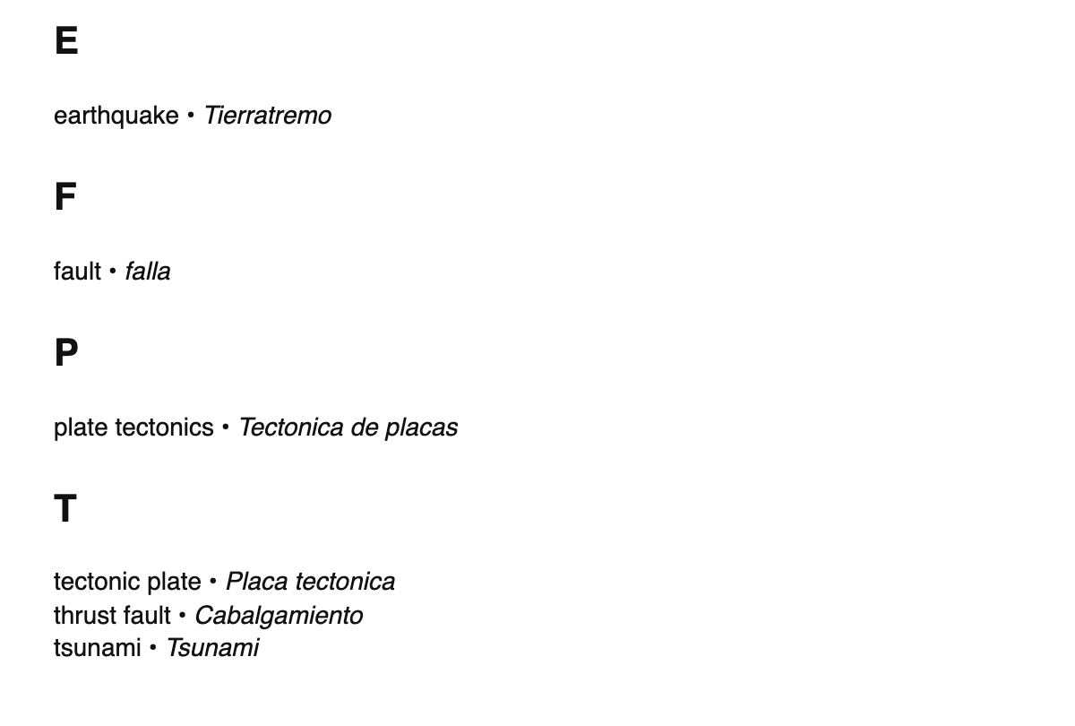 Seismology terms in Aragonese
