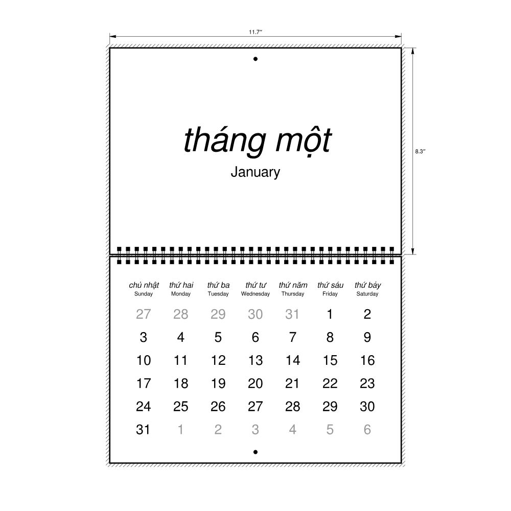 Leskoff 2027 Wall Calendar, Vietnamese/English-Labeled, Sunday-Start Layout, Wire-Bound, 11.7 x 8.3 in (29.7 x 21.0 cm), image 2 of 2