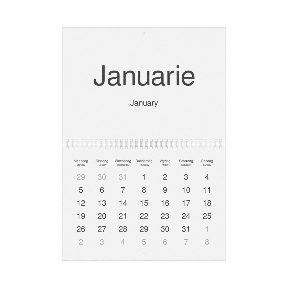 Leskoff 2026 Wall Calendar, Afrikaans/English-Labeled, Monday-Start Layout, Wire-Bound, 11.7 x 8.3 in (29.7 x 21.0 cm), image 1 of 1