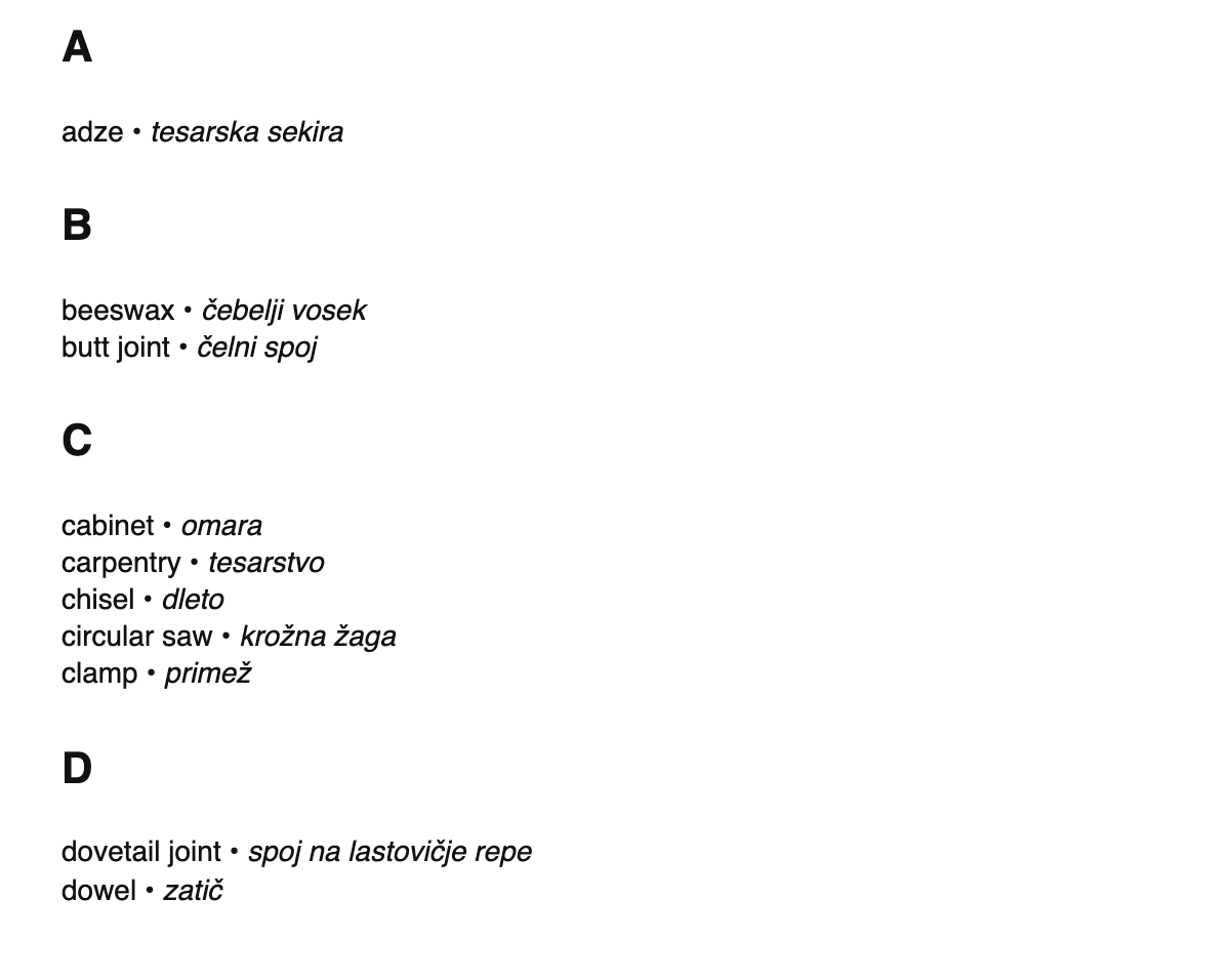Woodworking terms in Slovene