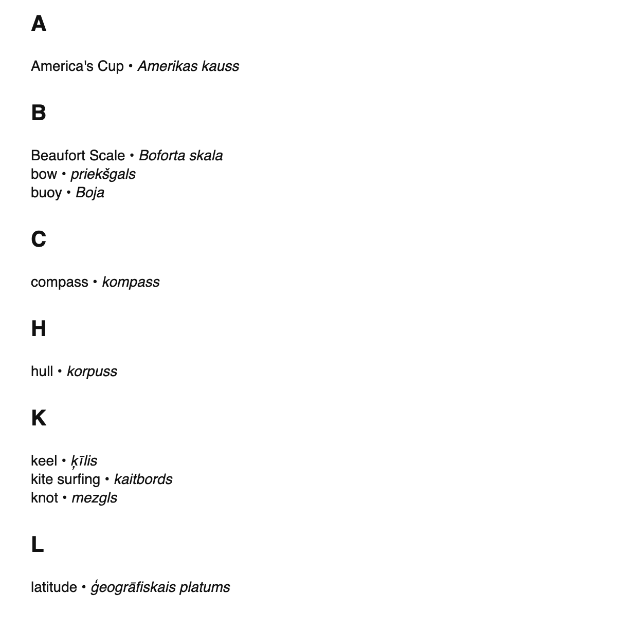Sailing terms in Latvian