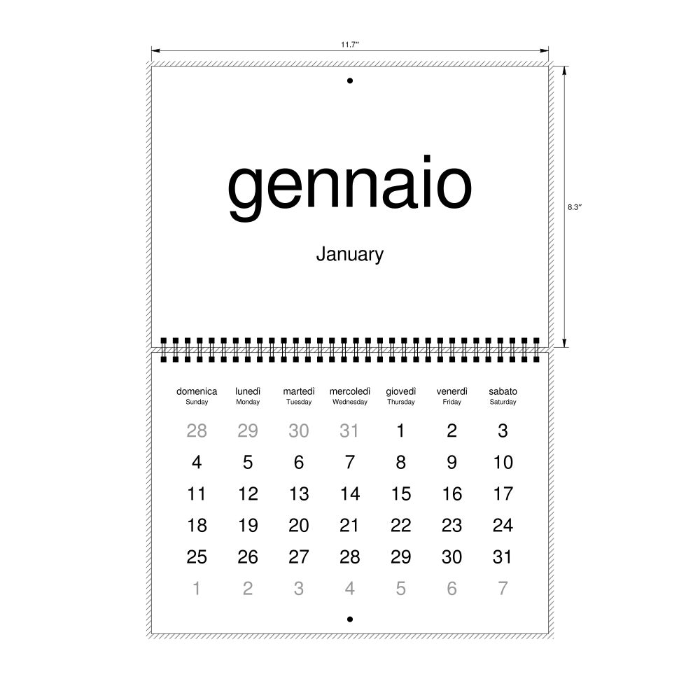 Leskoff 2026 Wall Calendar, Italian/English-Labeled, Sunday-Start Layout, Wire-Bound, 11.7 x 8.3 in (29.7 x 21.0 cm), image 2 of 2