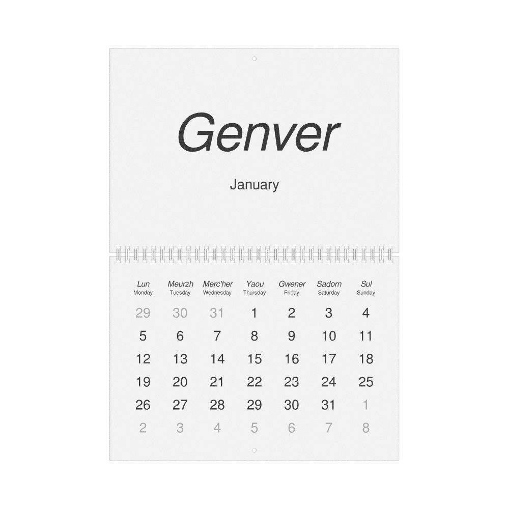Leskoff 2026 Wall Calendar, Breton/English-Labeled, Monday-Start Layout, Wire-Bound, 11.7 x 8.3 in (29.7 x 21.0 cm), image 1 of 1