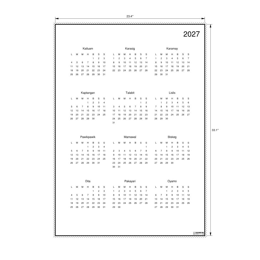Leskoff 2027 Wall Calendar, Pangasinan-Labeled, Monday-Start Layout, Poster / Wall Print, 23.4 x 33.1 in (59.4 x 84.1 cm), image 2 of 2