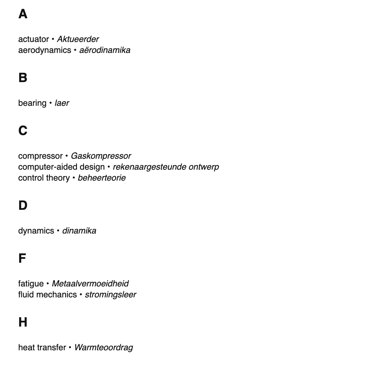 Mechanical engineering terms in Afrikaans